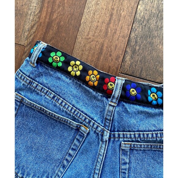 90s vintage rainbow groovy flower retro blue denim high waist mini jean shorts - Picture 8 of 9